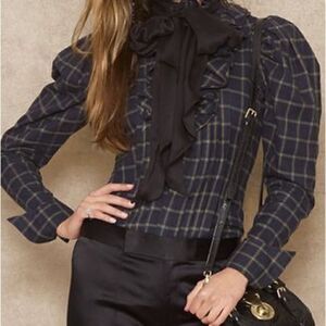 Ralph Lauren NWT Navy Blue Multi Cotton Check Plaid Ruffle Tie Neck Blouse
